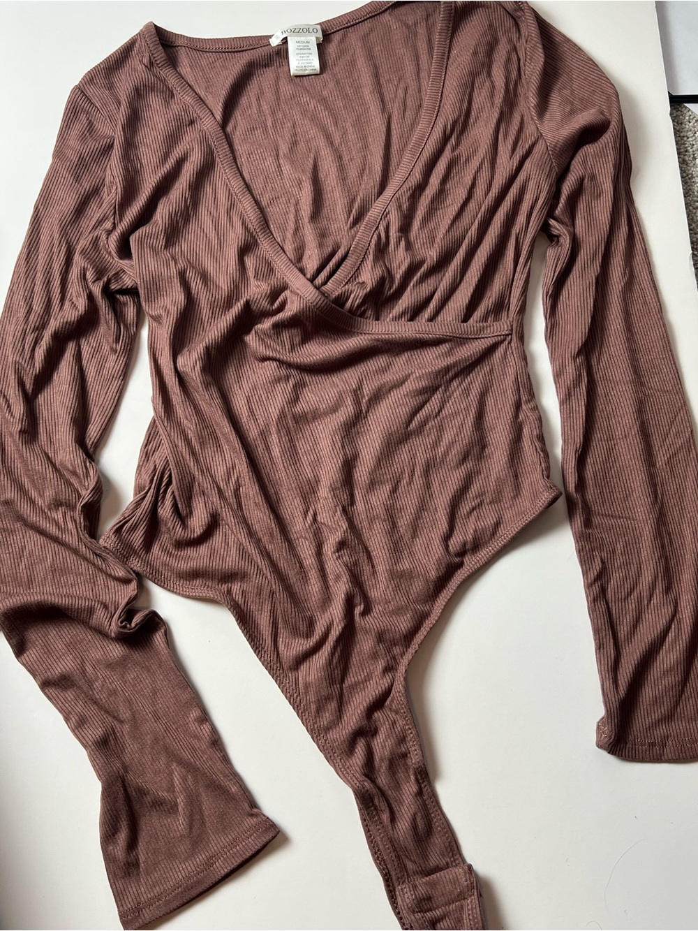 Bozzolo NWOT Brown Ribbed Surplice Bodysuit Medium